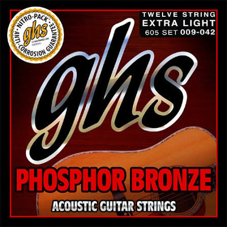 GHS 605 Twelve-String Extra Light 009-042 Phosphor Bronze Acoustic Guitar Strings FPM26