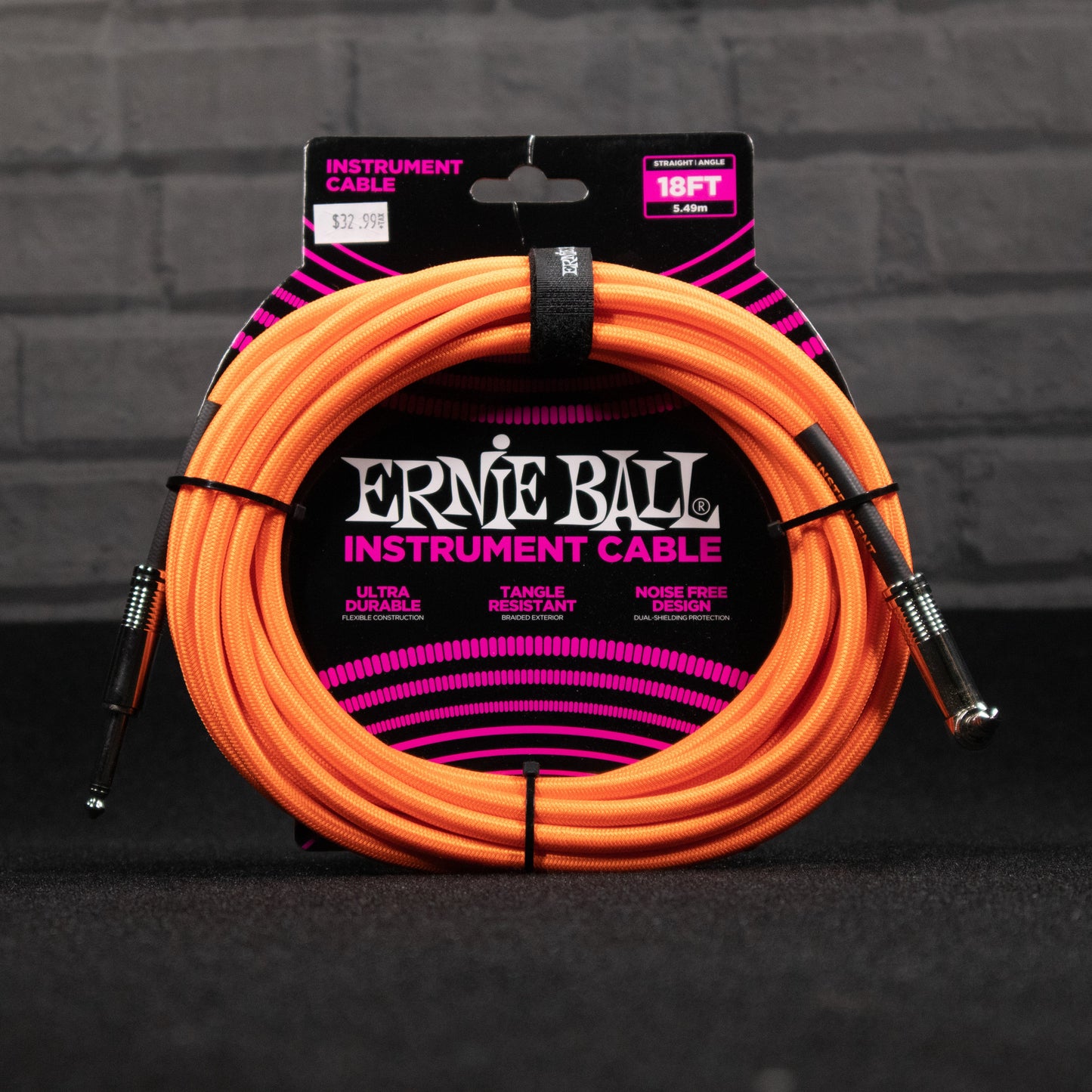 Ernie Ball Braided Instrument Cable Neon Orange 18 Feet Straight To Angled P06084