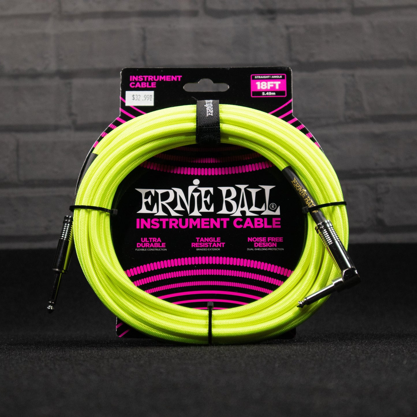 Ernie Ball Instrument Cable Braided Neon Yellow 18 Feet Straight To Angled P06085